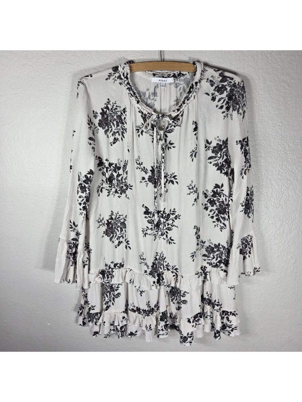 Anthropologie Ro & De Ruffle Mini Dress Size S Bell Sleeve Floral Tie Neck White